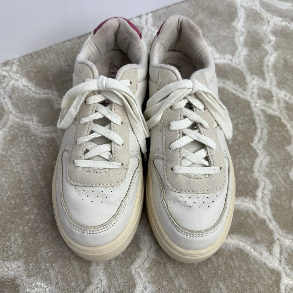 Zara‎ Women's Platform Sneakers White Beige Pink Size 36 (US 6) Leather Suede